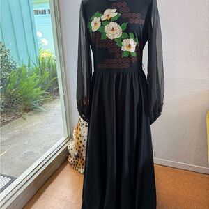 Vintage Elegant Black Floral Long Sleeve Dress